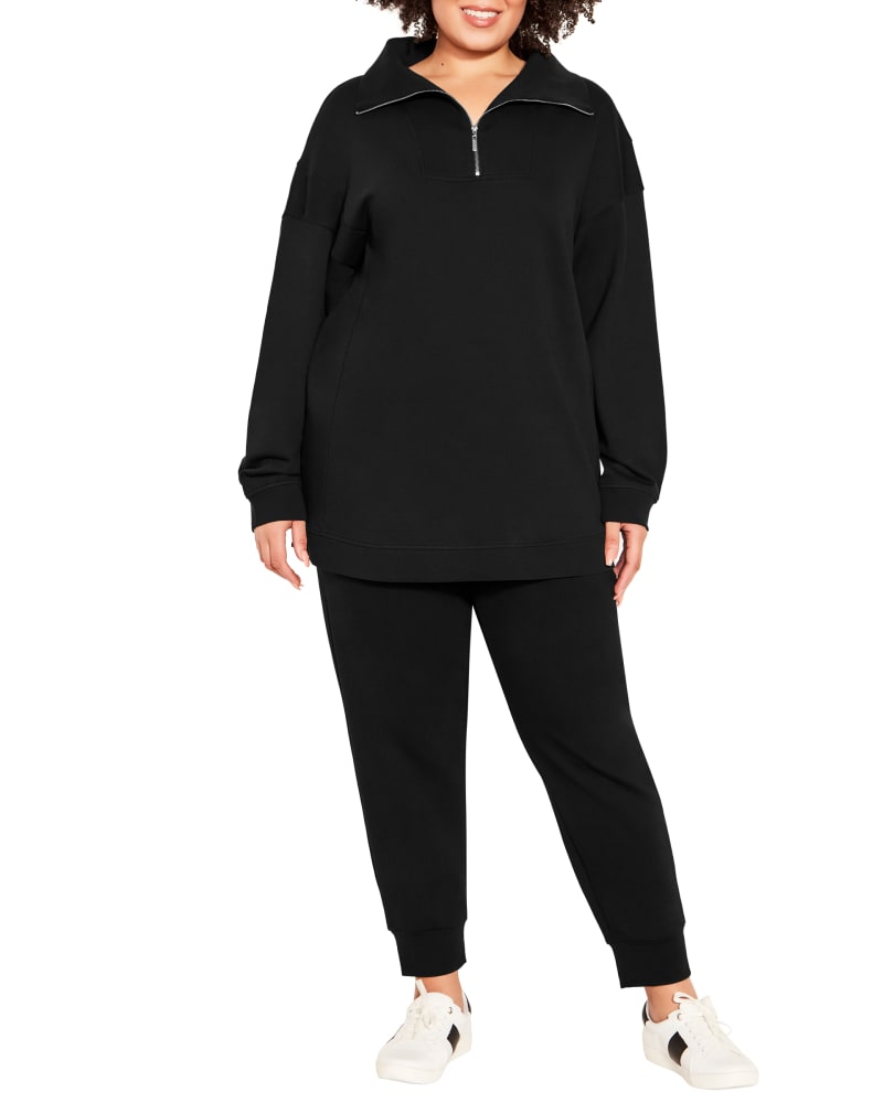 Front of a model wearing a size 14 Vanessa Half Zip Sweatshirt in Black by Zim & Zoe. | dia_product_style_image_id:228602
